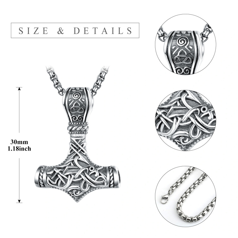 Sterling Silver Thor's Hammer & Viking Rune Pendant Necklace for Men-4