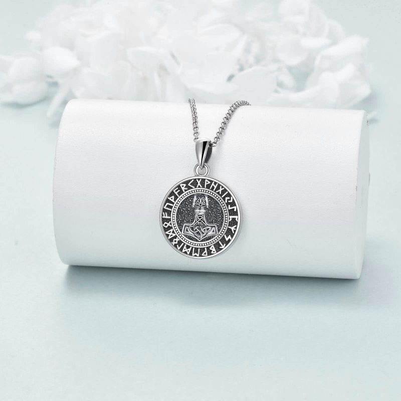 Sterling Silver Thor's Hammer & Viking Rune Pendant Necklace-4