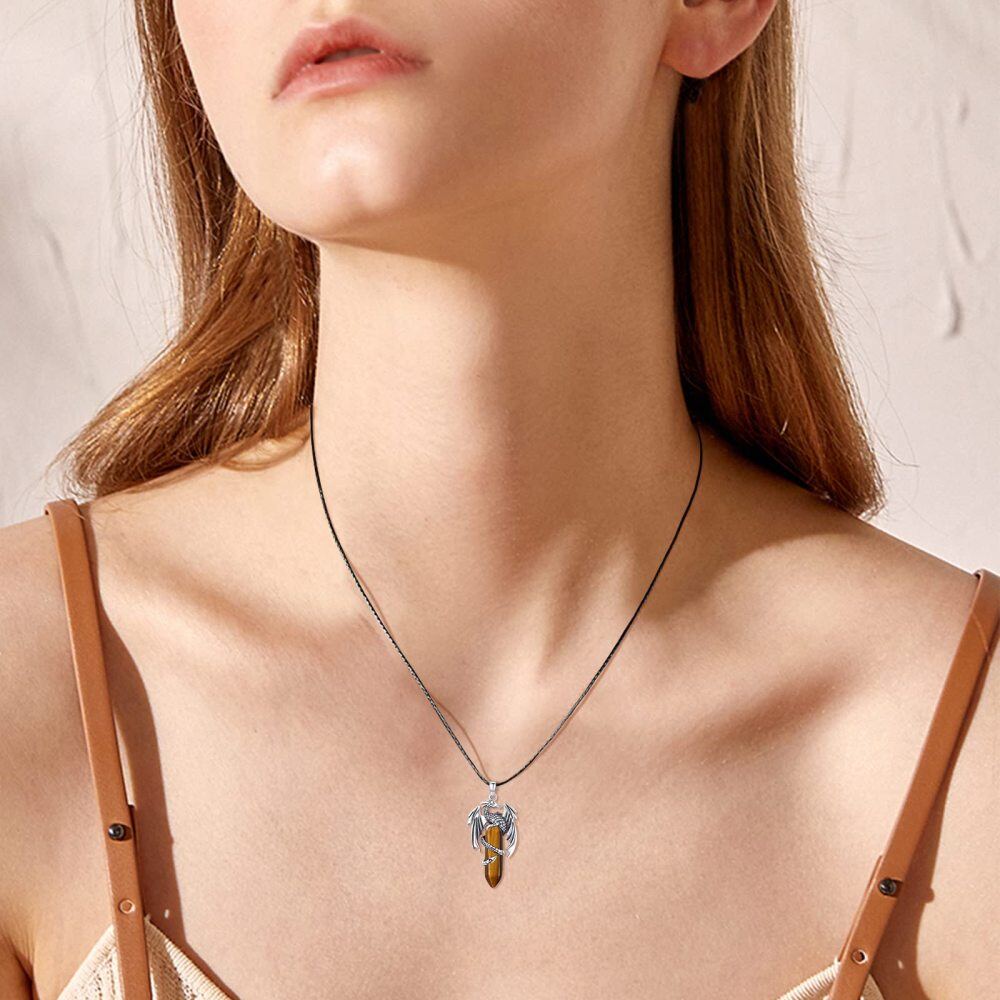 Sterling Silver Tiger's Eye Dragon Pendant Necklace-2
