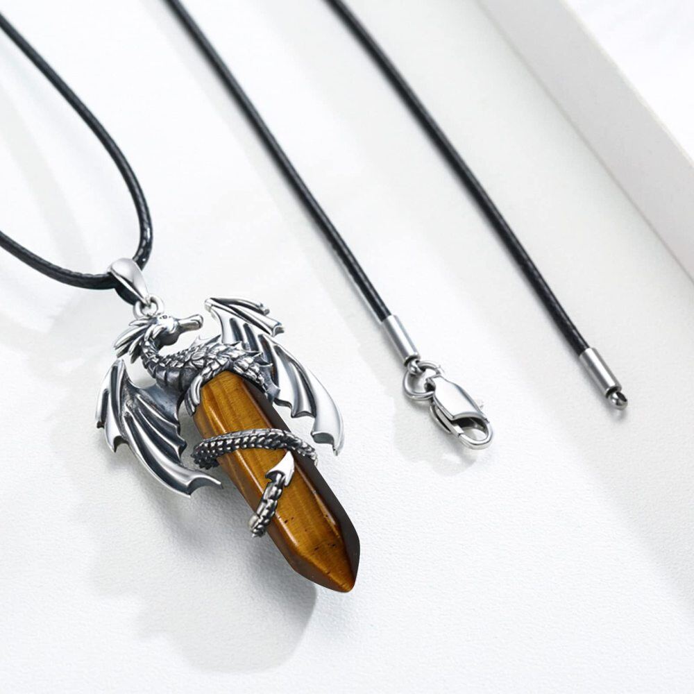 Sterling Silver Tiger's Eye Dragon Pendant Necklace-4