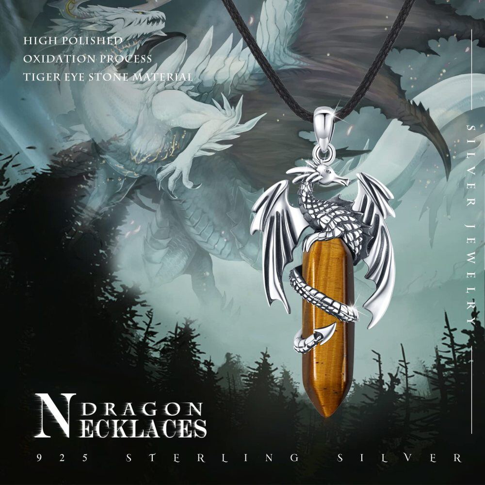 Sterling Silver Tiger's Eye Dragon Pendant Necklace-5