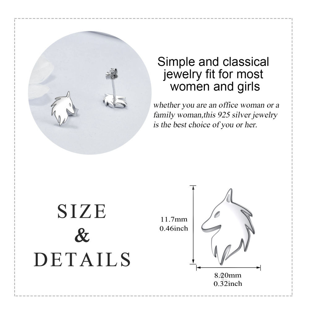 Sterling Silver Wolf Stud Earrings for Women Men-5