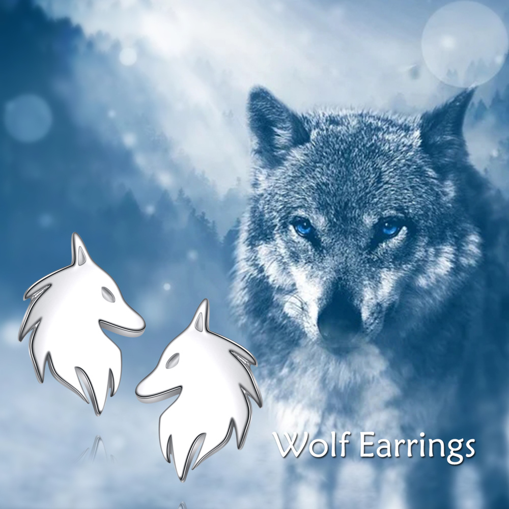 Sterling Silver Wolf Stud Earrings for Women Men-6