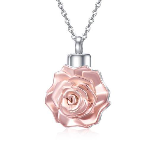 Collier d'urne pour cendres en argent sterling bicolore avec fleur de rose en 3D