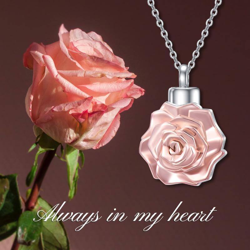 Sterling Silver Two-tone 3D Rose Flower Urn Necklace for Ashes-3