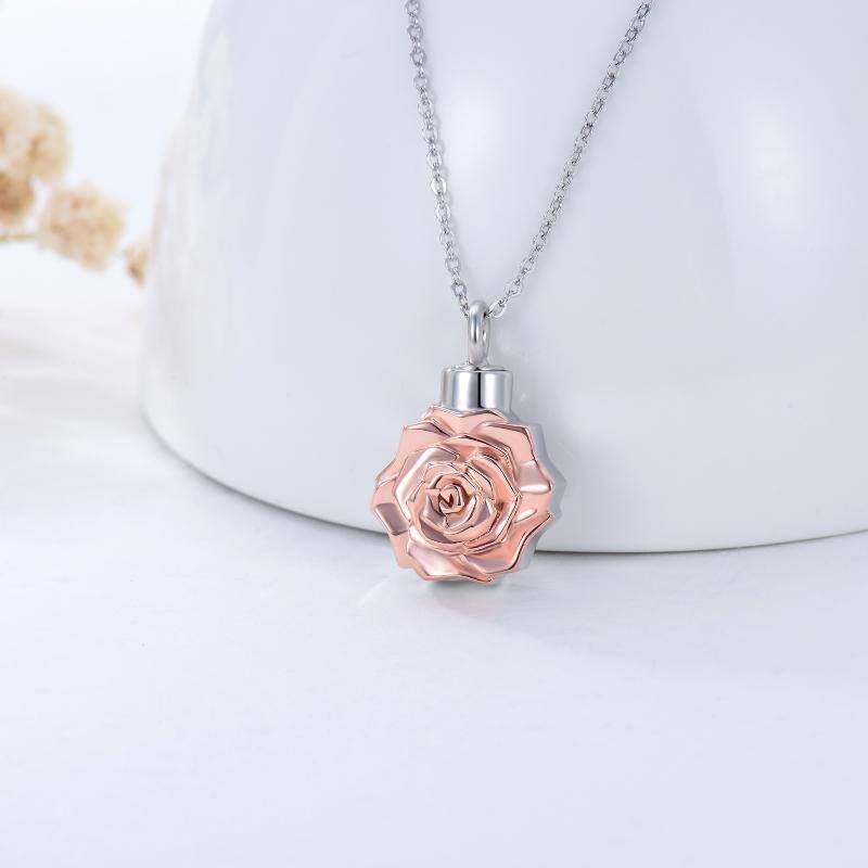 Collar Urna Flor Rosa 3D Plata de Ley Bicolor para Cenizas-5