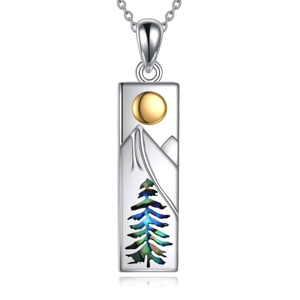 Sterling Silver Two-tone Abalone Shellfish Bar & Mountains Pendant Necklace-1