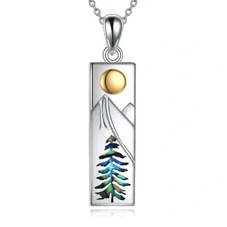 Sterling Silver Two-tone Abalone Shellfish Bar & Mountains Pendant Necklace-10