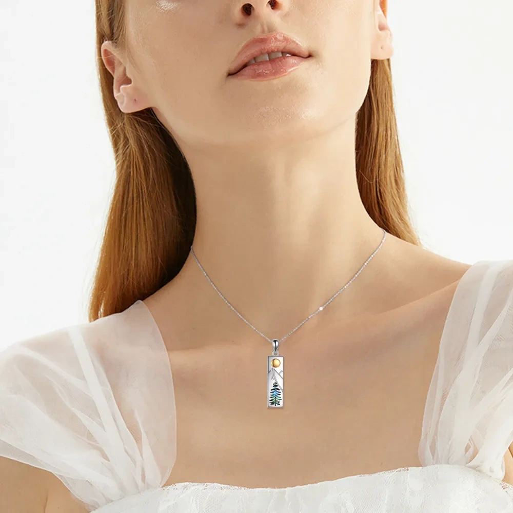 Sterling Silver Two-tone Abalone Shellfish Bar & Mountains Pendant Necklace-2