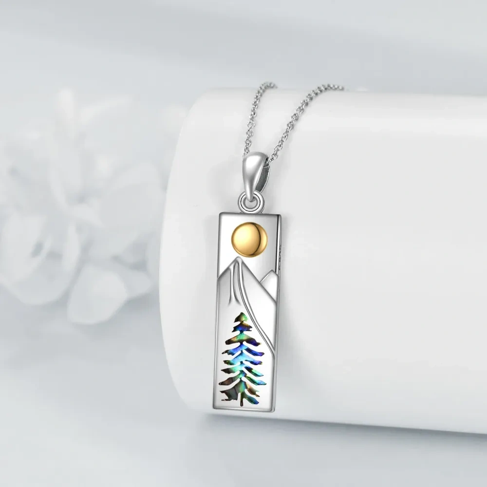 Sterling Silver Two-tone Abalone Shellfish Bar & Mountains Pendant Necklace-3