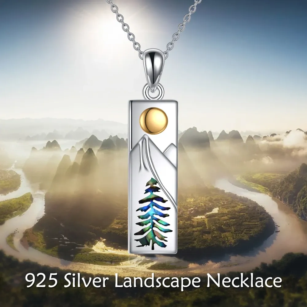 Sterling Silver Two-tone Abalone Shellfish Bar & Mountains Pendant Necklace-4