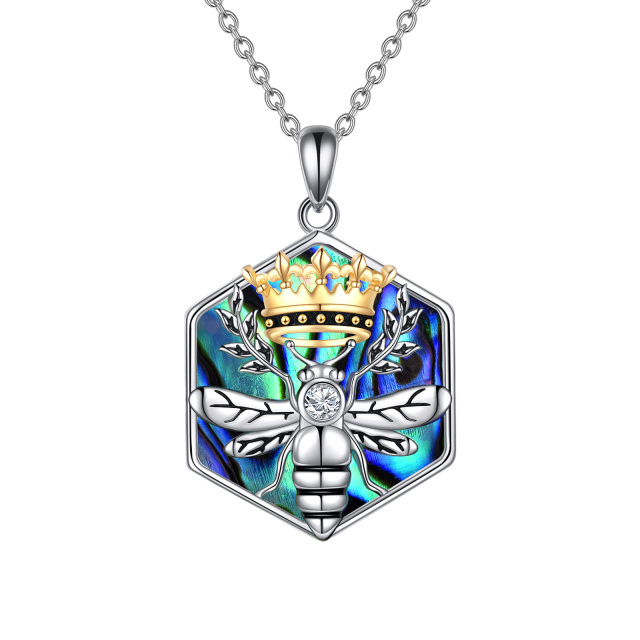 Collana con ciondolo ape e corona in argento sterling bicolore con molluschi abalone-1