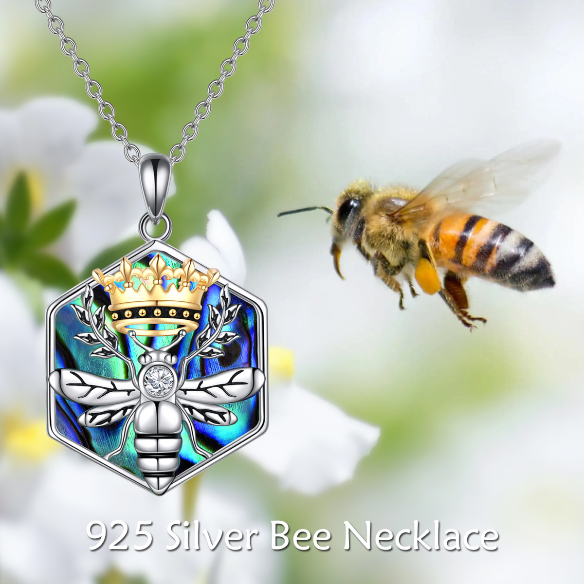 Sterling Silver Two-tone Abalone Shellfish Bee & Crown Pendant Necklace-6