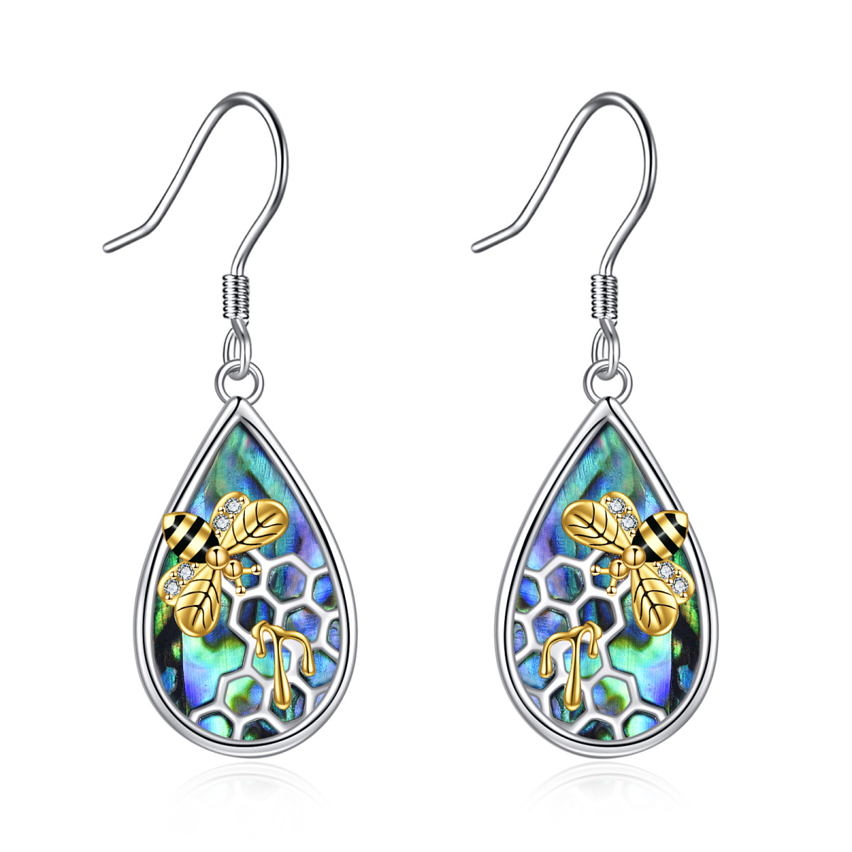 Sterling Silver Two-tone Abalone Shellfish Bee Drop Earrings-1