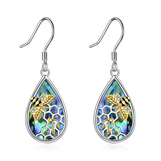 Sterling Silver Two-tone Abalone Shellfish Bee Drop Earrings