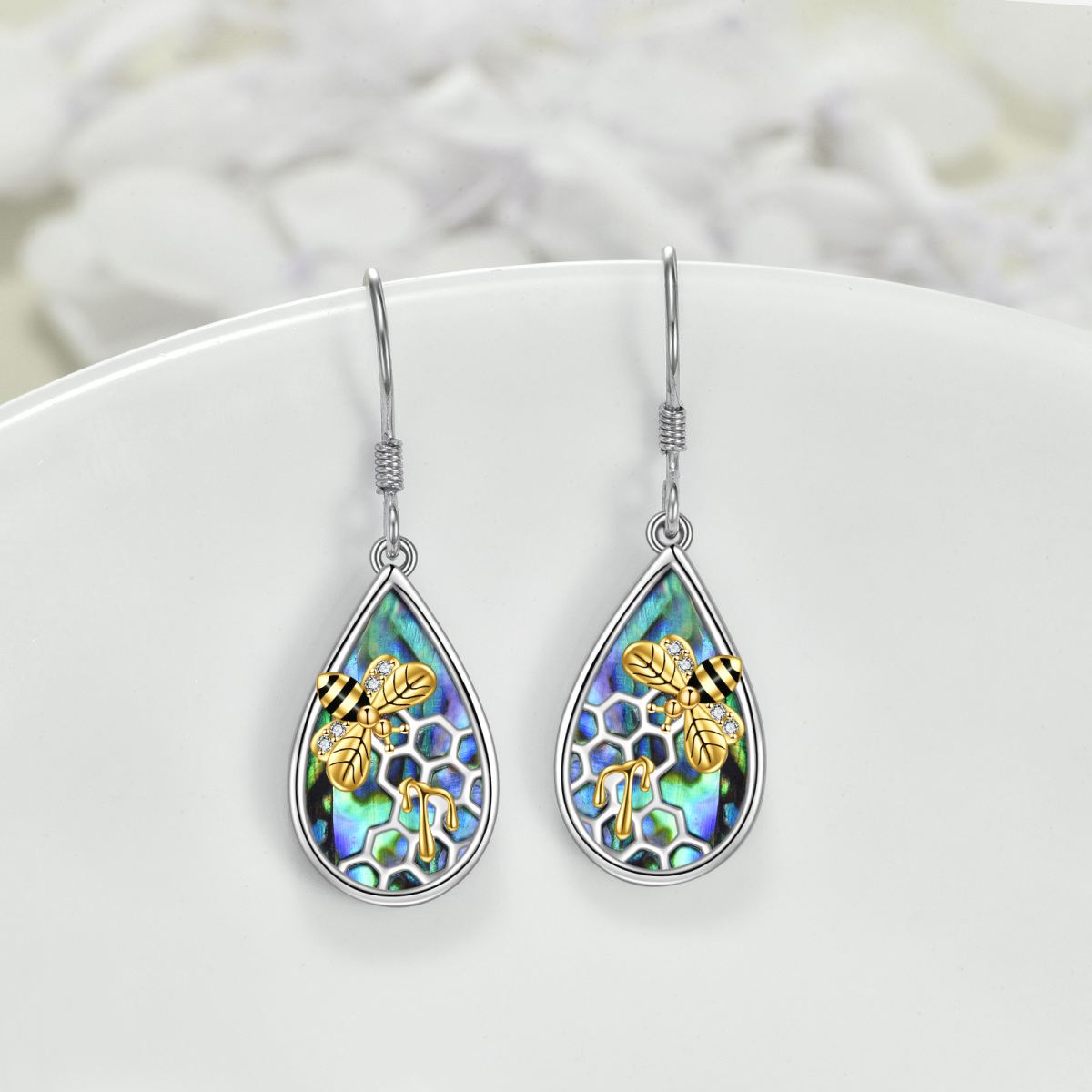 Pendientes Abalone Shellfish Bee Drop de plata de ley bicolor-3