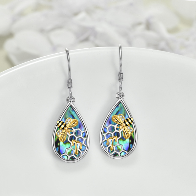 Sterling Silver Two-tone Abalone Shellfish Bee Drop Earrings-3