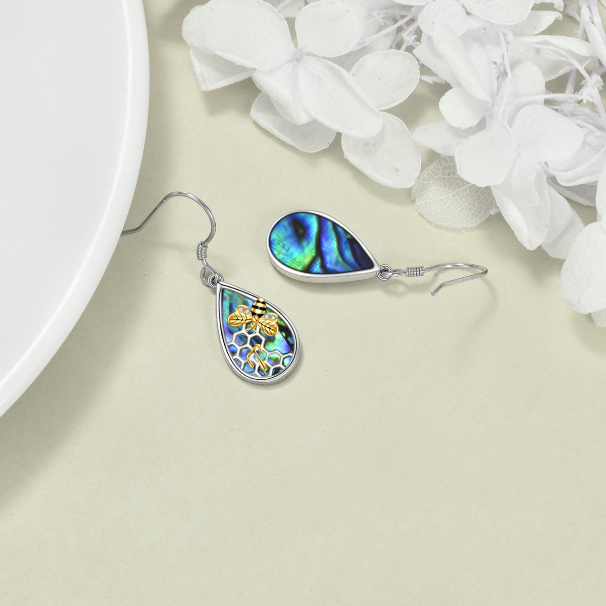 Sterling Silver Two-tone Abalone Shellfish Bee Drop Earrings-4