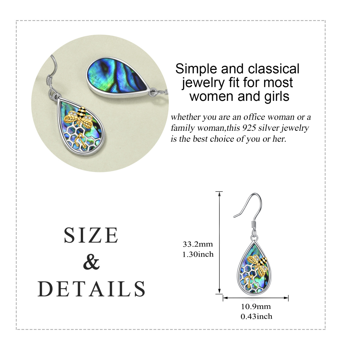 Sterling Silver Two-tone Abalone Shellfish Bee Drop Earrings-5