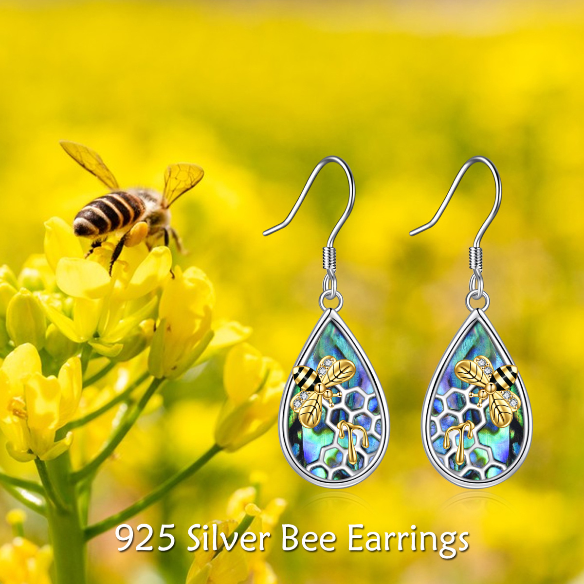 Sterling Silver Two-tone Abalone Shellfish Bee Drop Earrings-6