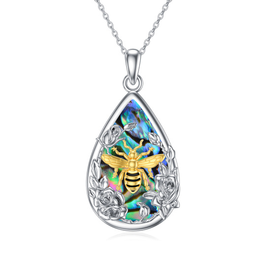 Sterling Silver Two-tone Abalone Shellfish Bee & Rose Pendant Necklace