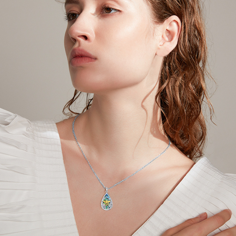 Sterling Silver Two-tone Abalone Shellfish Bee & Rose Pendant Necklace-2