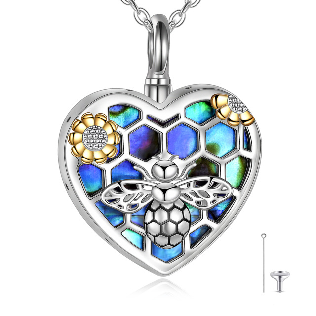 Sterling Silver Two-Tone Abalone Shellfish Bee With Sunflower Heart Honeycomb Urn Necklace For Ashes For Women