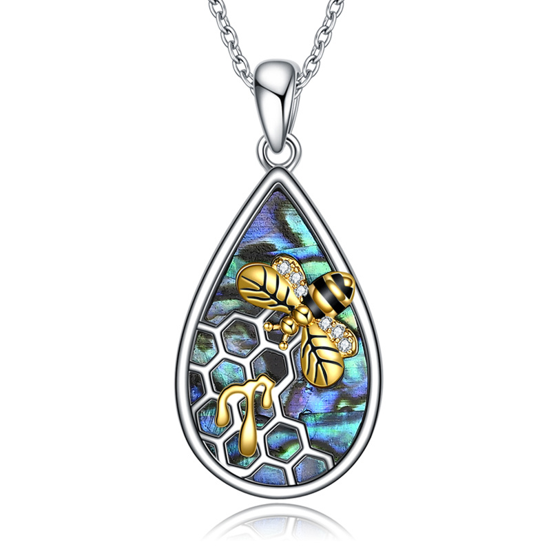 Sterling Silver Two-tone Abalone Shellfish Bee & Drop Pendant Necklace for Women Men-6