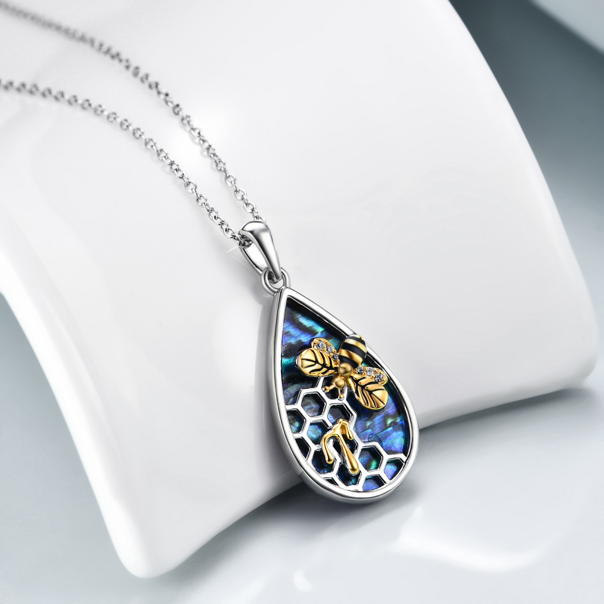 Sterling Silver Two-tone Abalone Shellfish Bees Pendant Necklace-3