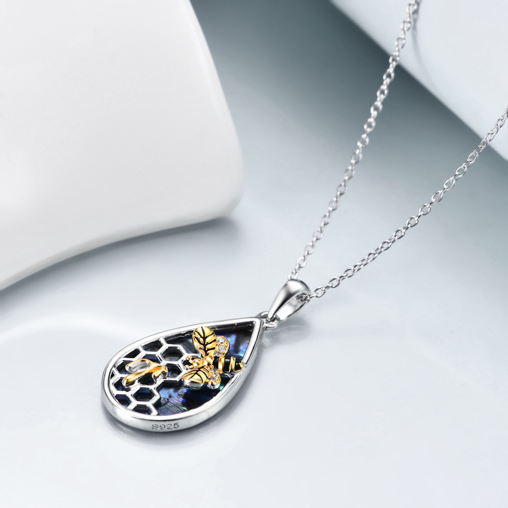 Sterling Silver Two-tone Abalone Shellfish Bee & Drop Pendant Necklace for Women Men-4