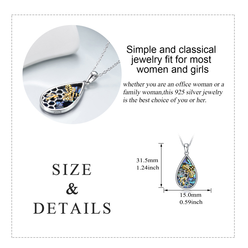 Colar com pingente de gota de abelha de concha de abalone de dois tons de prata esterlina para mulheres e homens-5