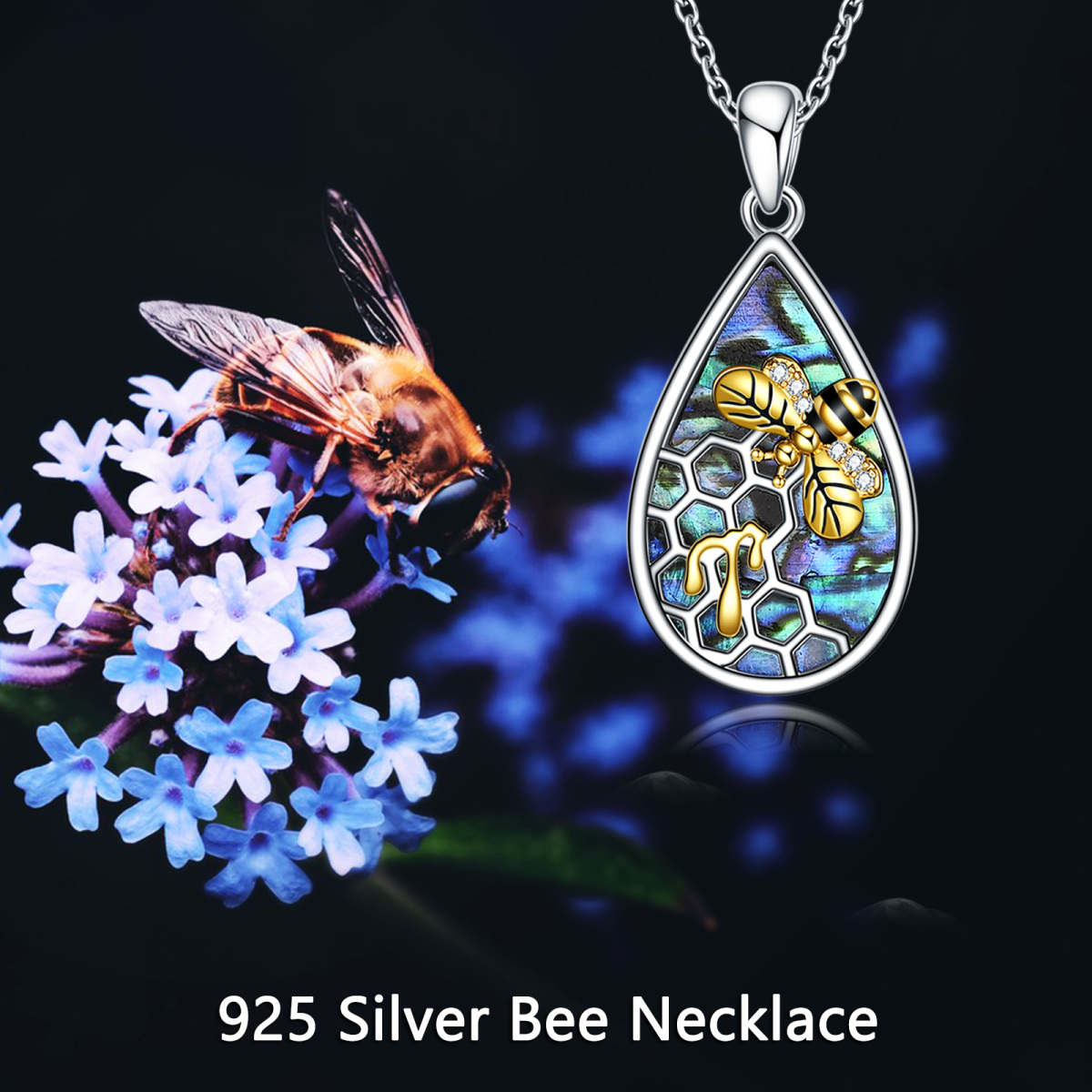 Collier pendentif bicolore en argent sterling avec pendentif abeilles, coquillages et ormeaux-6