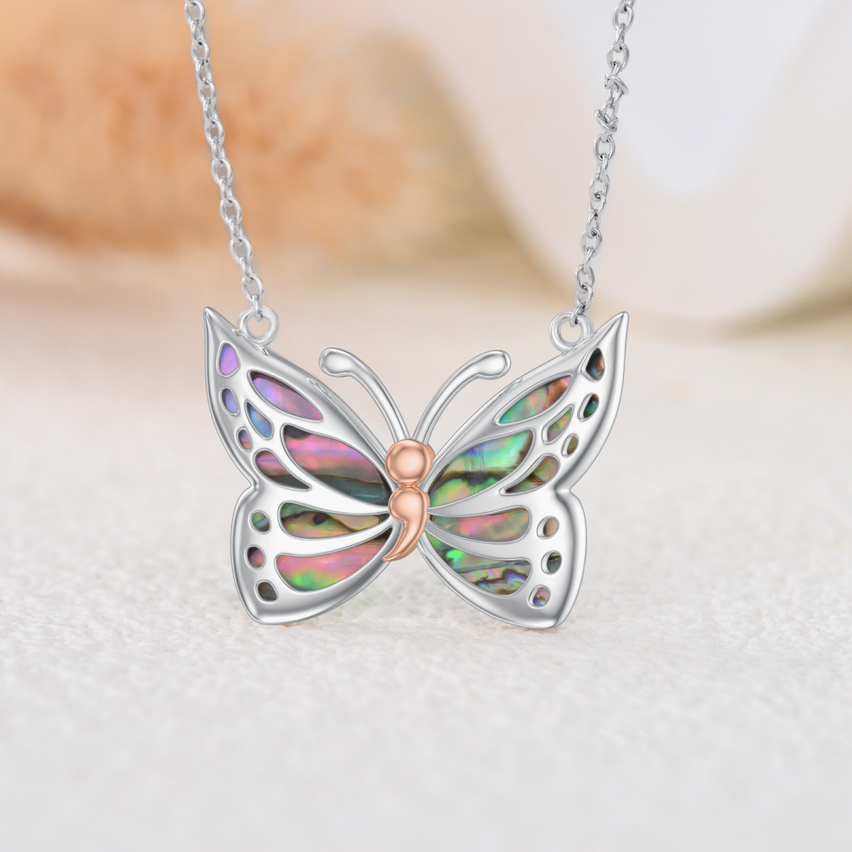 Sterling Silver Two-tone Abalone Shellfish Butterfly Pendant Necklace-3