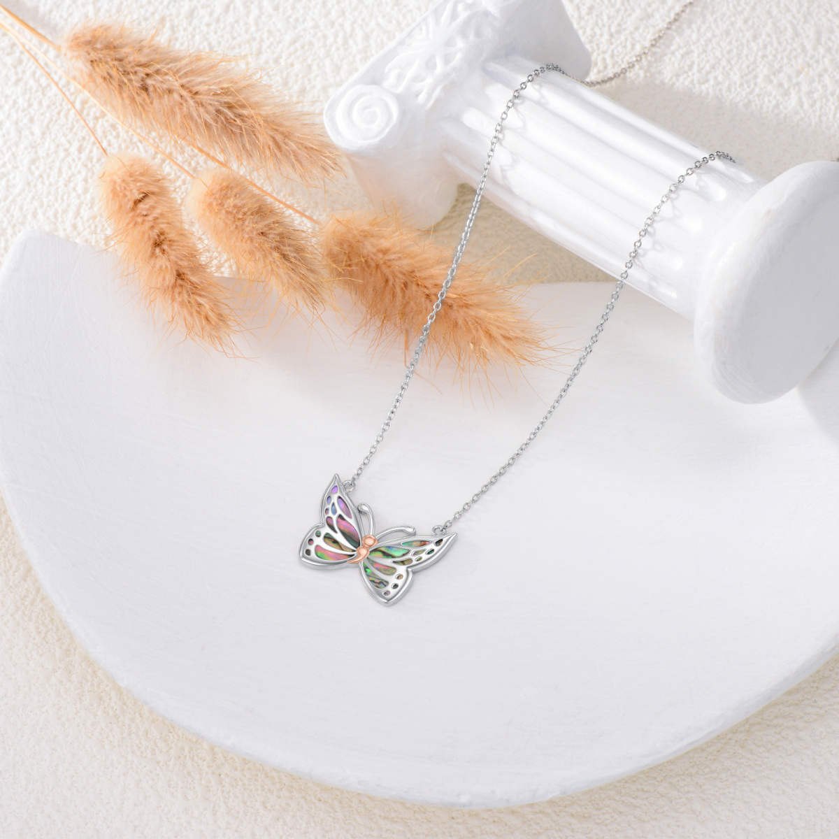 Sterling Silver Two-tone Abalone Shellfish Butterfly Pendant Necklace-4