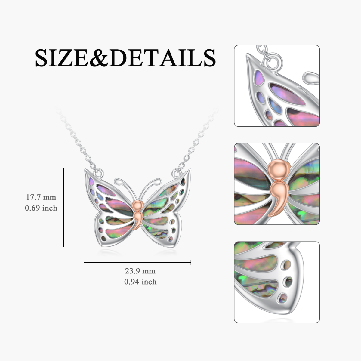 Sterling Silver Two-tone Abalone Shellfish Butterfly Pendant Necklace-5