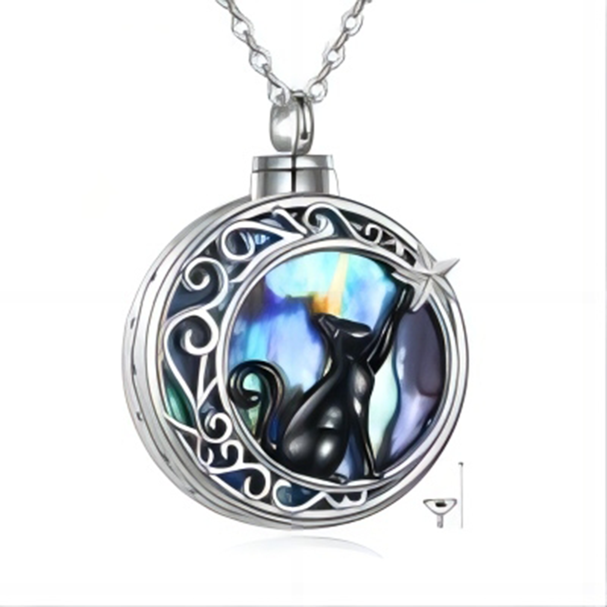 Collana in argento sterling bicolore con conchiglia Abalone, gatto e nodo celtico per le ceneri-1