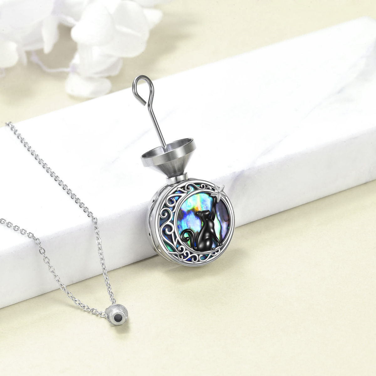 Collana in argento sterling bicolore con conchiglia Abalone, gatto e nodo celtico per le ceneri-5