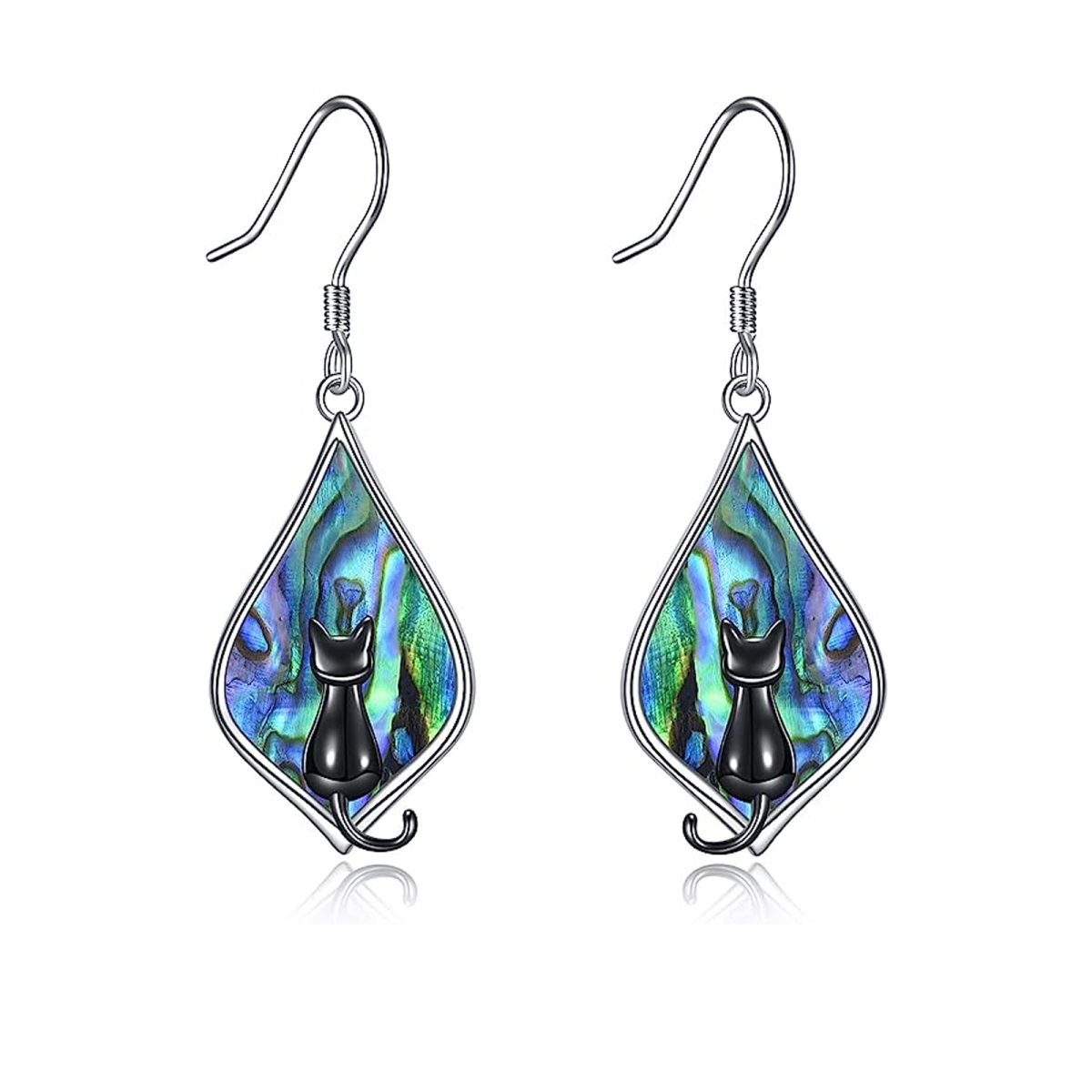 Sterling Silver Two-tone Abalone Shellfish Cat Drop Earrings-1