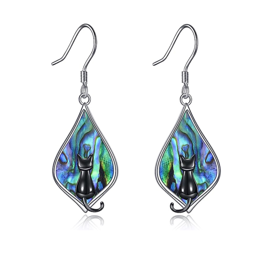 Sterling Silver Two-tone Abalone Shellfish Cat Drop Earrings