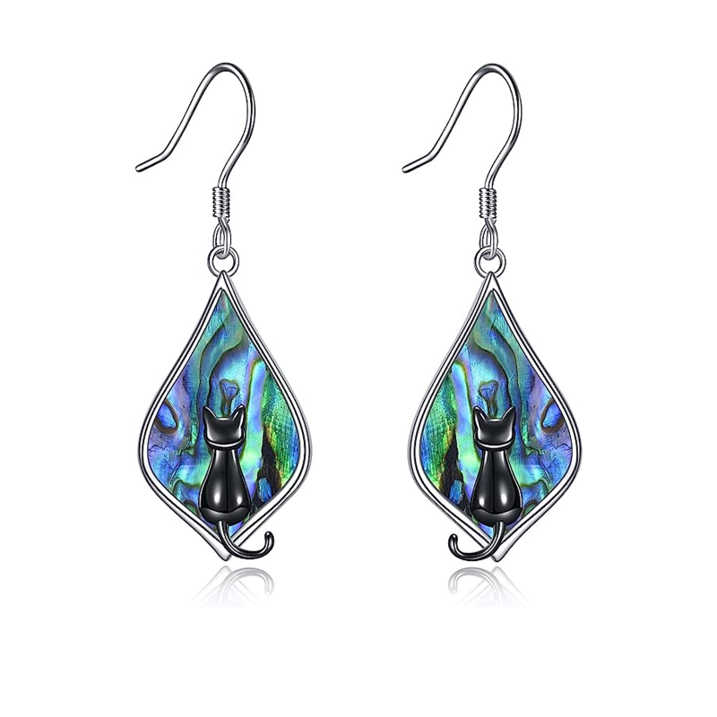 Sterling Silver Two-tone Abalone Shellfish Cat Drop Earrings-3