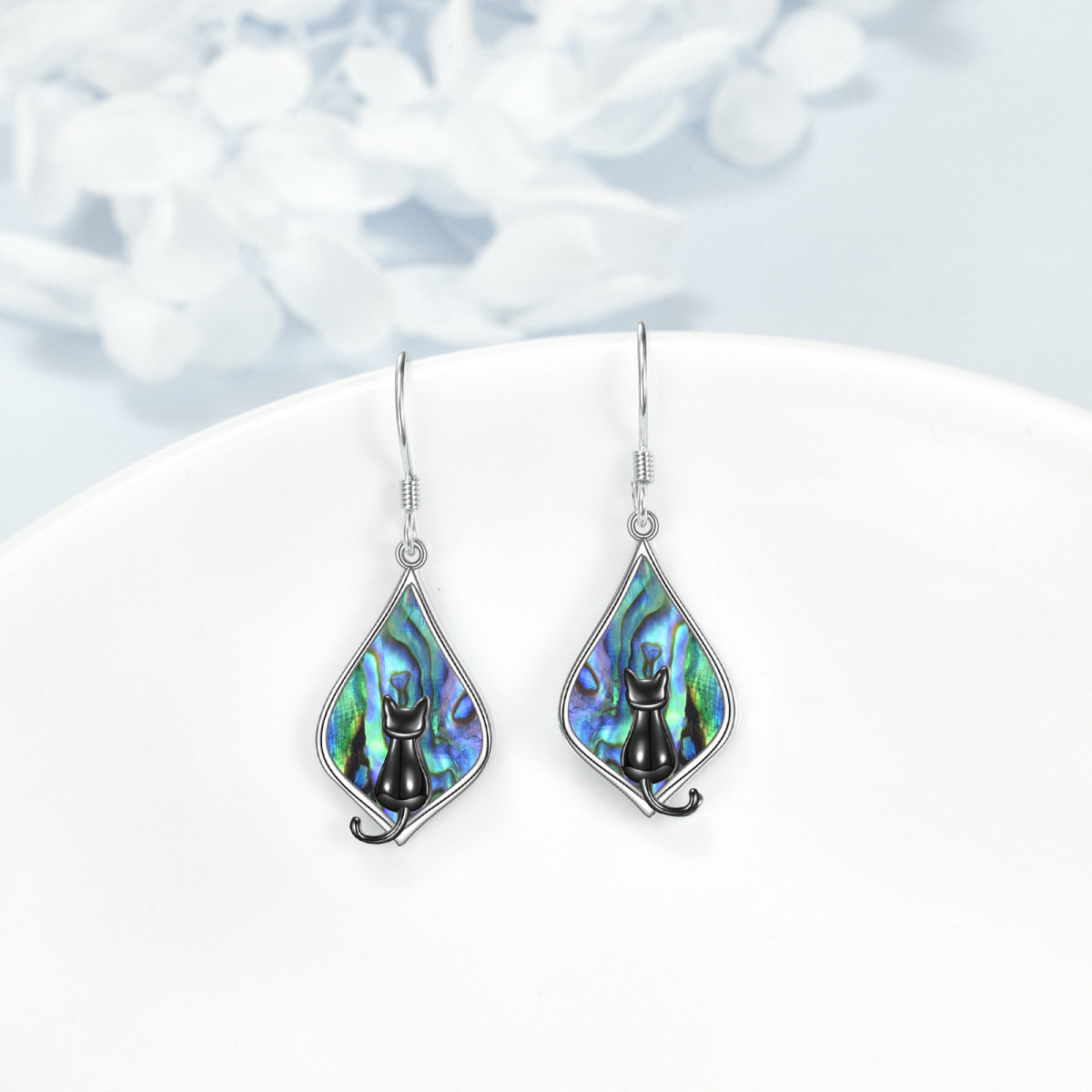 Sterling Silver Two-tone Abalone Shellfish Cat Drop Earrings-3