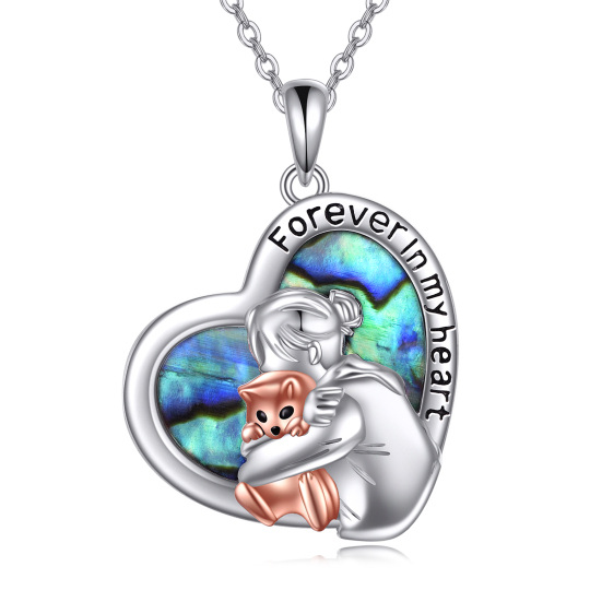 Sterling Silver Two-tone Abalone Shellfish Cat & Heart Pendant Necklace with Engraved Word