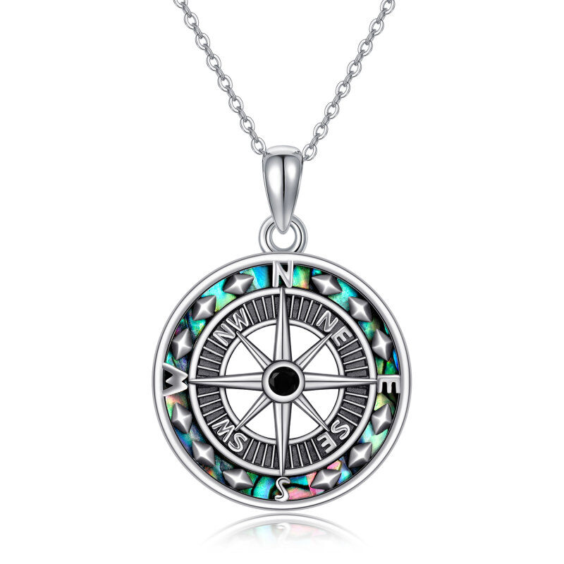 Sterling Silver Two-tone Abalone Shellfish Compass Pendant Necklace-1
