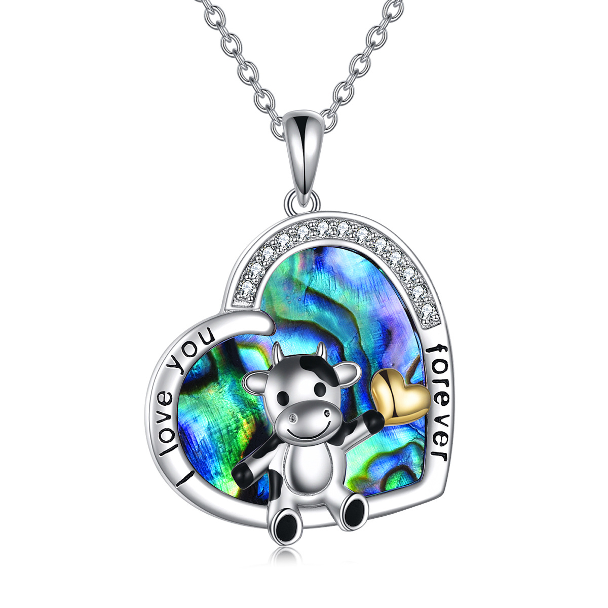 Sterling Silver Two-tone Abalone Shellfish Cow & Heart Pendant Necklace with Engraved Word-1