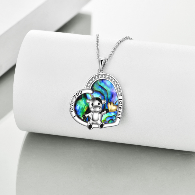 Sterling Silver Two-tone Abalone Shellfish Cow & Heart Pendant Necklace with Engraved Word-3