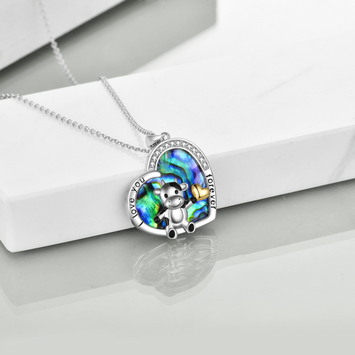 Collier en argent sterling avec pendentif Abalone Shellfish Cow & Heart avec mot gravé-4