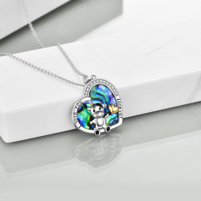 Sterling Silver Two-tone Abalone Shellfish Cow & Heart Pendant Necklace with Engraved Word-4