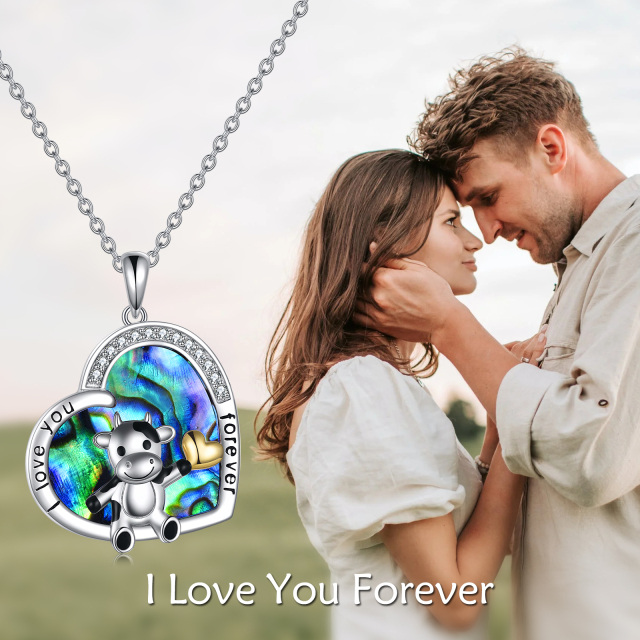 Sterling Silver Two-tone Abalone Shellfish Cow & Heart Pendant Necklace with Engraved Word-5