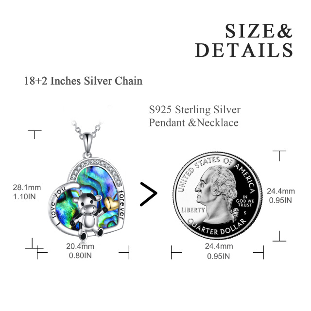 Sterling Silver Two-tone Abalone Shellfish Cow & Heart Pendant Necklace with Engraved Word-6