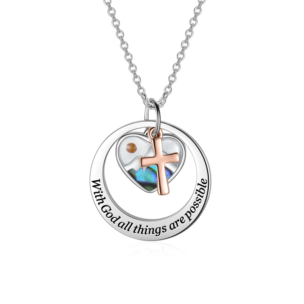 Zweifarbige Abalone-Schalentierkreuz-Halskette aus Sterlingsilber mit Herzanhänger und eingraviertem Wort für Damen-1